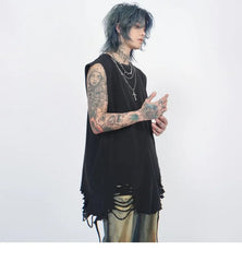 Crew Neck Washed Distressed Chain Tank Top