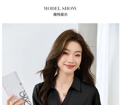 Long-Sleeve V-Neck Collared Plain Button-Up Satin Blouse