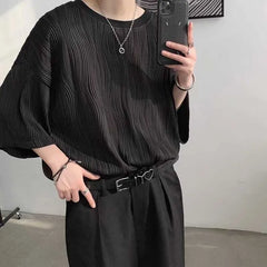3/4-Sleeve Crew Neck Plain Textured T-Shirt