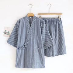 Pajama Set: Short-Sleeve Striped Wrap Top + Shorts