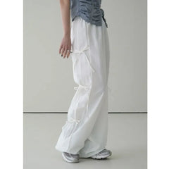 Elastic Waist Plain Tie Side Wide Leg Pants