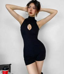 Sleeveless Half-Zip Plain Romper