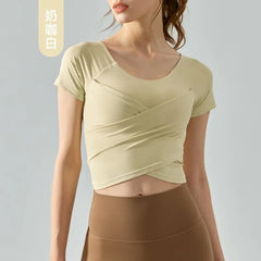 Short-Sleeve Round Neck Plain Criss Cross Yoga T-Shirt