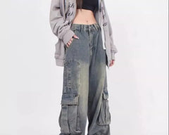 Mid Waist Washed Baggy Cargo Jeans