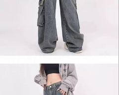 Mid Waist Washed Baggy Cargo Jeans