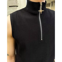 Turtleneck Half Zip Plain Tank Top