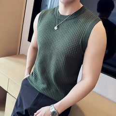 Crew Neck Plain Perforated Knit Tank Top