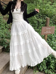 High Waist Plain Eyelet Lace Panel Tiered Maxi A-Line Skirt
