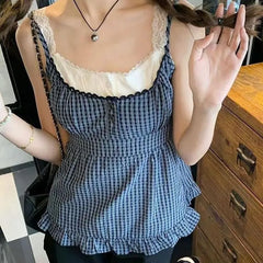 Mock Two Piece Square-Neck Lace-Trim Color-Block Checked Cami Top