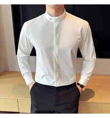 Long-Sleeve Band Collar Plain Shirt