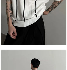 Elbow-Sleeve Striped Knit Polo Shirt
