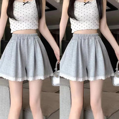 Elastic Waist Plain Lace Trim Shorts