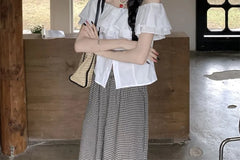 Short-Sleeve Off-Shoulder Plain Layered Ruffle Button-Up Crop Blouse