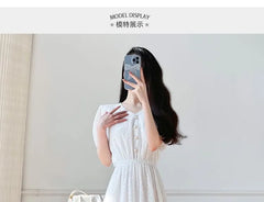 Puff-Sleeve Lace Midi A-Line Dress
