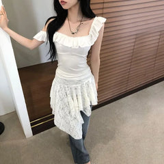 Square-Neck Ruffled-Trim Plain Slim-Fit Crop Tank Top / Low Waist Lace See-Through Asymmetric-Hem Mini Skirt
