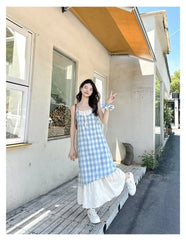Spaghetti Strap Plaid Mock Two-Piece Maxi Sundress