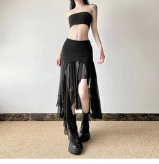 Mid Rise Sheer Panel Asymmetrical Hem Slit Midi Pencil Skirt