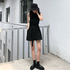 Sleeveless Round Neck Plain Belted Romper