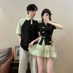 Couple Matching Short-Sleeve Collared Tie Side Frog Buttoned Slit Top / High Waist Plain Frill Trim Mini A-Line Skirt / Elbow-Sleeve Raglan Polo Shirt
