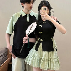 Couple Matching Short-Sleeve Collared Tie Side Frog Buttoned Slit Top / High Waist Plain Frill Trim Mini A-Line Skirt / Elbow-Sleeve Raglan Polo Shirt