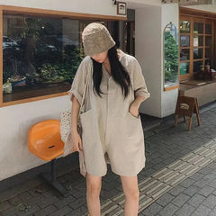 3/4-Sleeve Collared Plain Buttoned Wide Leg Romper