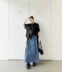High Waist Denim Panel Maxi A-Line Skirt