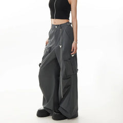 Set: Mid Waist Plain Baggy Cargo Pants + Waist Chain