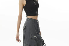 Set: Mid Waist Plain Baggy Cargo Pants + Waist Chain