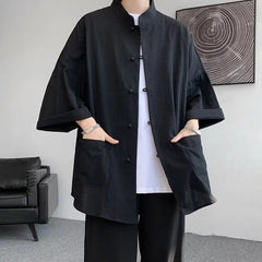 3/4-Sleeve Mandarin Collar Plain Frog Button Shirt