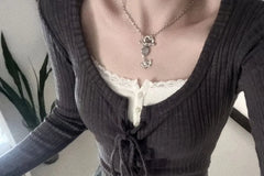 Henley Plain Ribbed Lace Trim Cami Top / Tie Front Cardigan / Mid Rise Plaid Pleated Mini A-Line Skirt