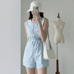Sleeveless Button-Up Plain Romper