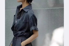 Short-Sleeve Linen Plain Maxi Shirt Dress