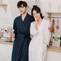 Couple Matching Plain Tie Waist Waffle Pajama Robe