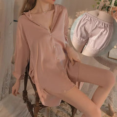 Long-Sleeve Plain Button-Up Shirt Nightdress / Elastic Waist Lace Trim Shorts / Set