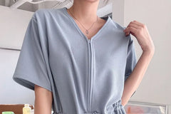 Short-Sleeve V-Neck Plain Jumpsuit