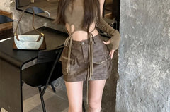 Plain Cutout Hooded Slim Fit Crop Tank Top / High Waist Faux Leather Mini Pencil Cargo Skirt / Long Gloves / Set