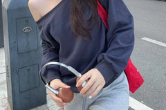 One Shoulder Plain Sweatshirt / Drawstring Waist Plain Wide Leg Sweatpants