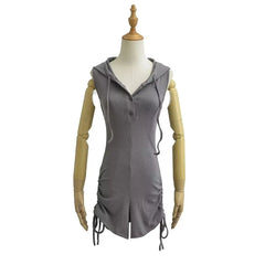 Sleeveless Henley Plain Hooded Drawstring Romper