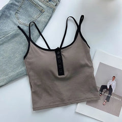 Spaghetti Strap Scoop Neck Henley Cropped Cami Top