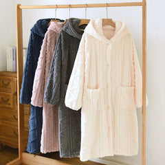 Couple Matching Jacquard Hooded Button-Up Fleece Pajama Robe (Various Designs)