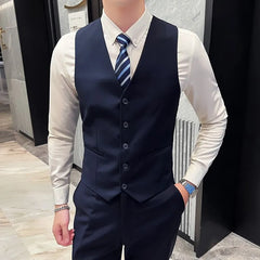 Set: Lapel Collar Plain Single Breasted Blazer + Mid Rise Plain Dress Pants + V-Neck Plain Single Breasted Vest