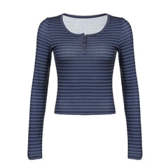 Long Sleeve Half-Button Striped Slim-Fit Crop Top