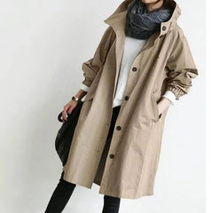 Hooded Button-Up Long Trench Coat