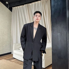 Set: Notch Lapel Plain Buttoned Slit Blazer + Mid Rise Wide Leg Dress Pants