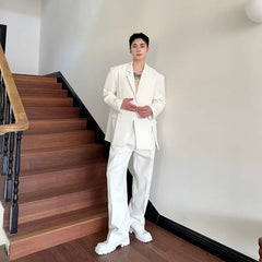 Set: Notch Lapel Plain Buttoned Slit Blazer + Mid Rise Wide Leg Dress Pants
