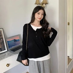 Long Sleeve Mock Two Piece Color-Block Loose-Fit Tee