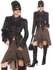 Long-Sleeve Plain Asymmetrical Belted Zip Slim Fit Shirt