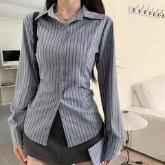 Long-Sleeve Collared Striped Button-Up Slim Fit Blouse