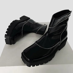 Platform Square Toe Plain Zipped Genuine Leather Short Boots