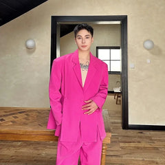 Set: Lapel Collar Plain Slit Button Blazer + Mid Rise Plain Dress Pants